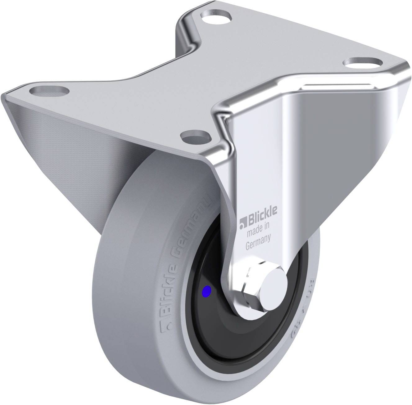 Schwenkrolle mit grauem Gummi und Metallgehäuse aus Deutschland.