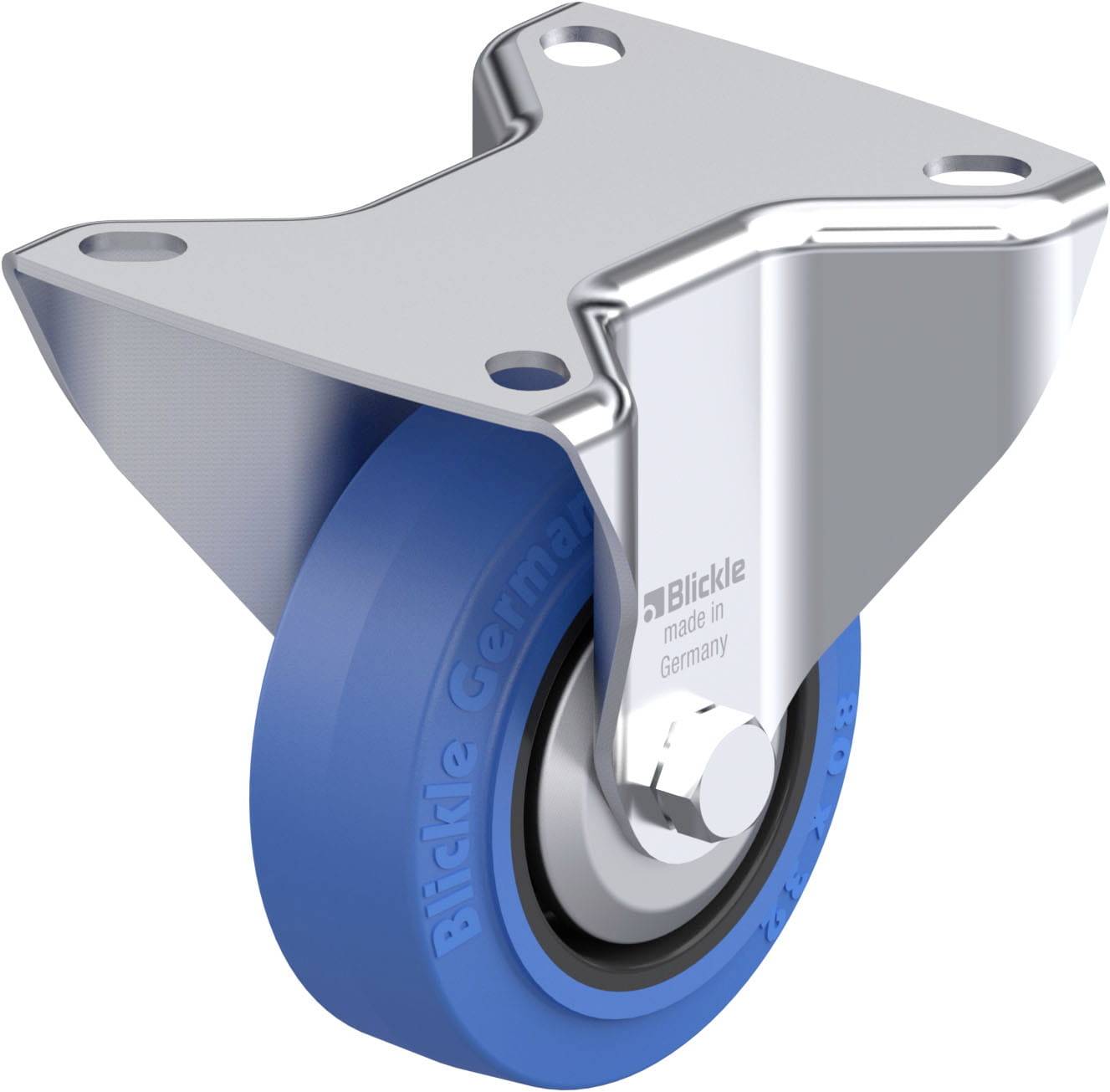 Eine blaue Rolle mit einem silbernen Metallhalter. Auf der Rolle steht 'Blickle Germany', ein Hinweis auf den Hersteller.