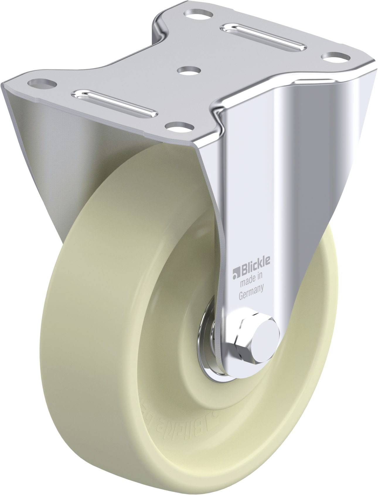 Hochwertige Lenkrolle aus Metall mit cremefarbigem Rad, geeignet für industrielle Anwendungen. Robust und langlebig für hohe Belastungen.