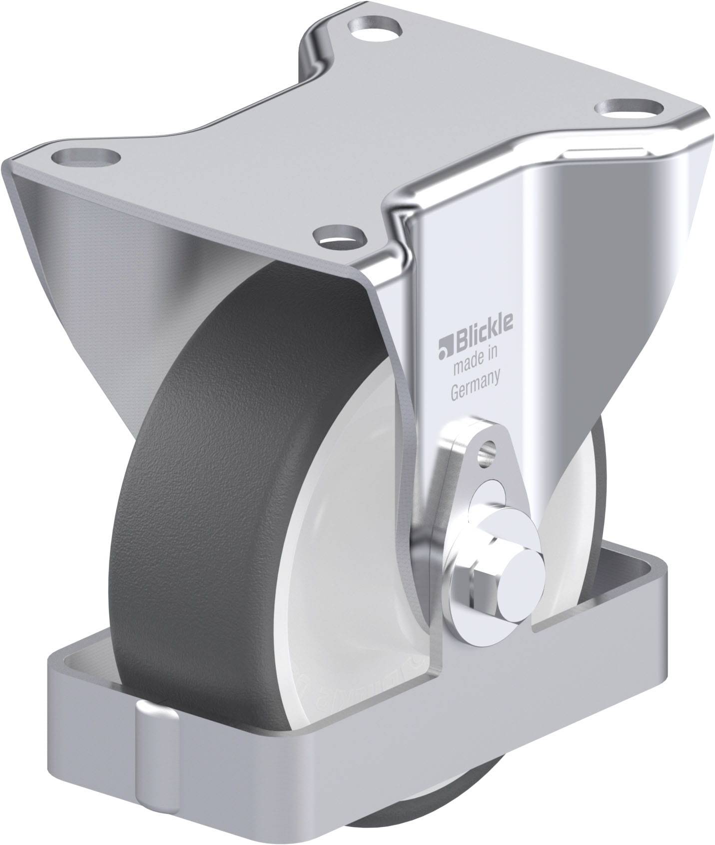 Metallrolle mit schwarzem Rad und silberner Halterung. Aufschrift 'Blickle made in Germany' an der Seite.