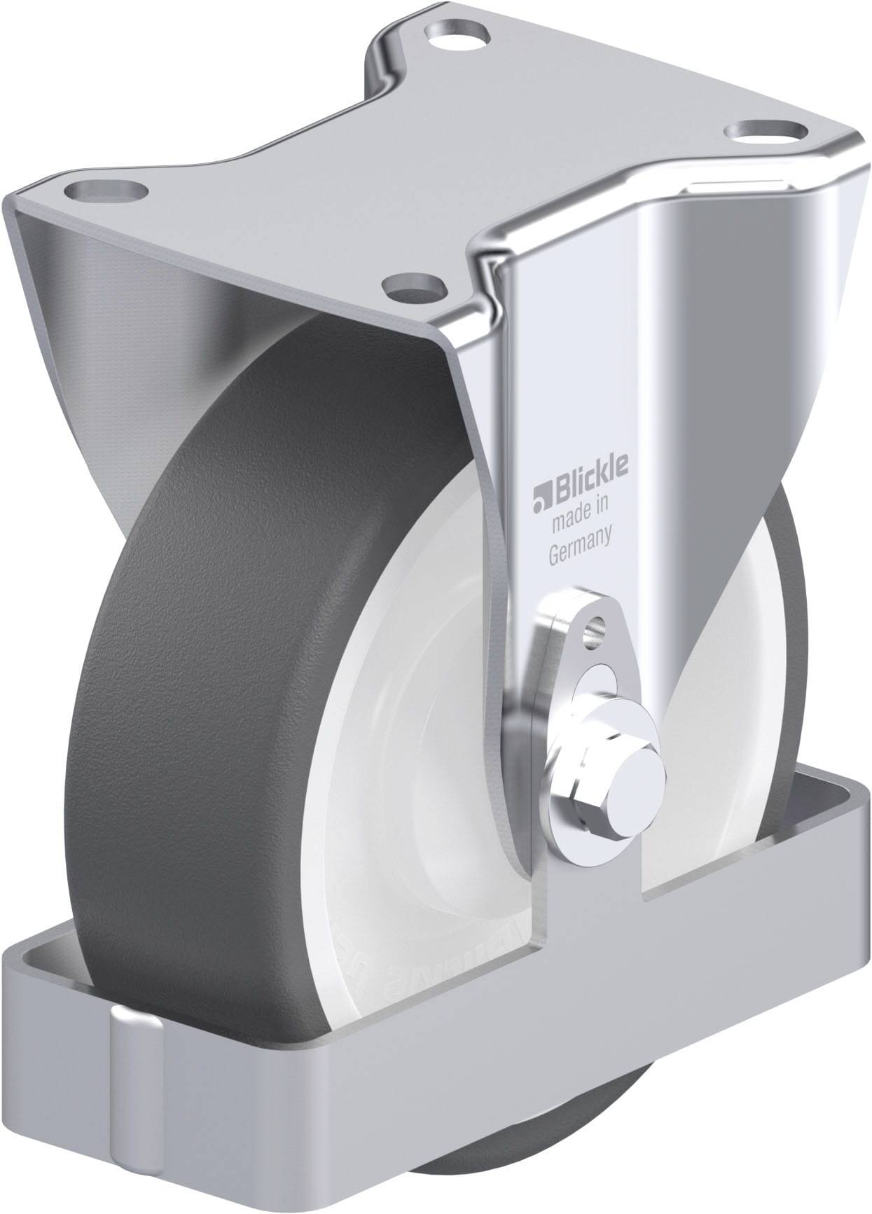 Schwenkrolle aus Metall mit Gummirad, geeignet für den Einsatz in Möbeln oder Transportwagen, hergestellt in Deutschland.