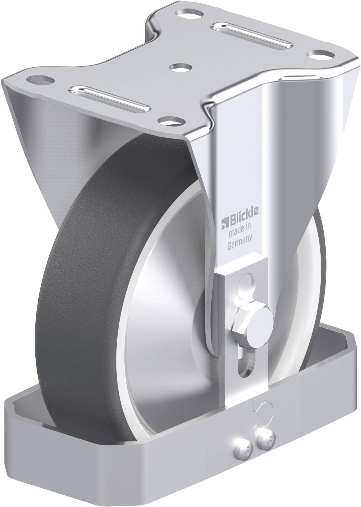 Industrie-Schwenkrolle aus Metall mit grauem Rad, made in Germany-Aufschrift, geeignet für schwere Lasten in industriellen Anwendungen.
