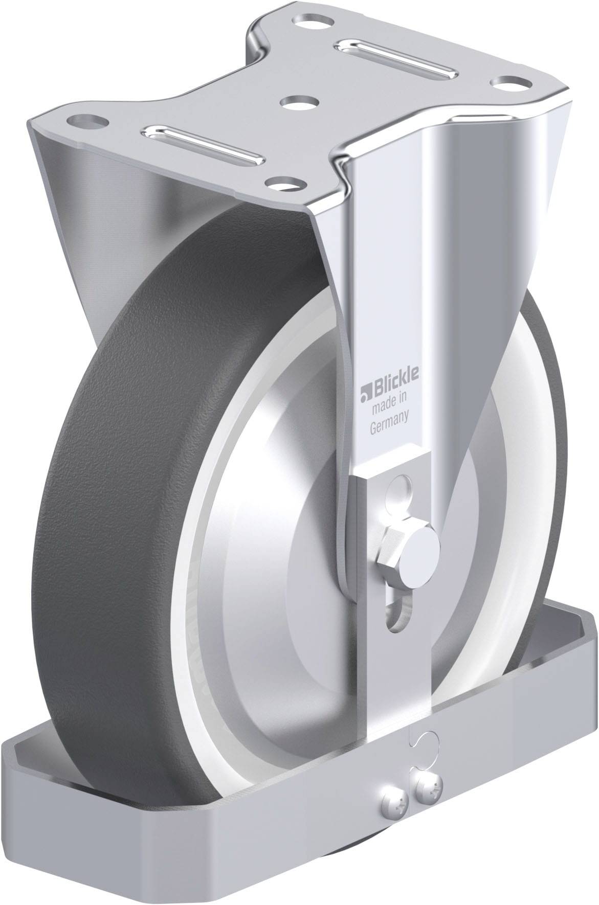 Industrie-Rolle mit grauem Rad, Metallhalterung und Befestigungsplatte, geeignet für schwere Lasten und robuste Anwendungen.