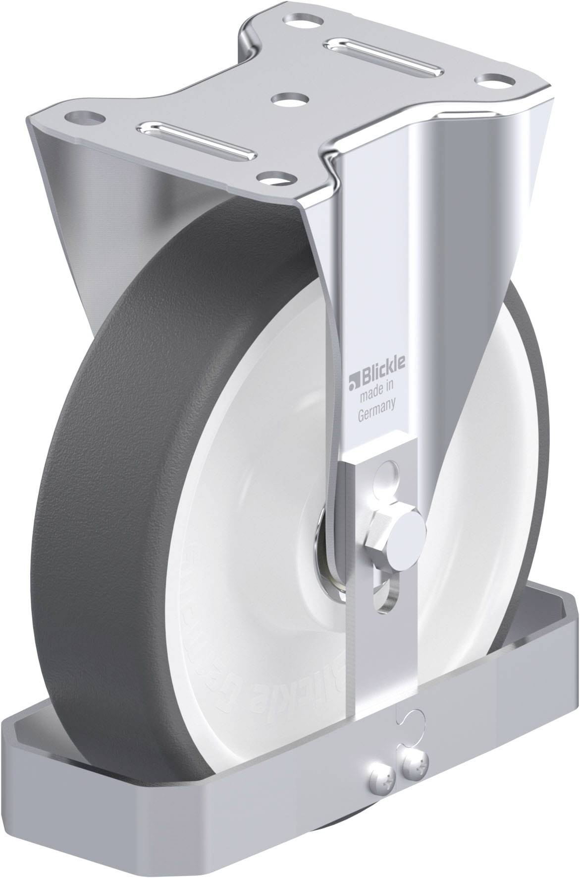 Industrie-Rollenrad aus Metall mit weißem Rad und grauem Gummireifen. Ideal für schwere Lasten in industriellen Anwendungen.