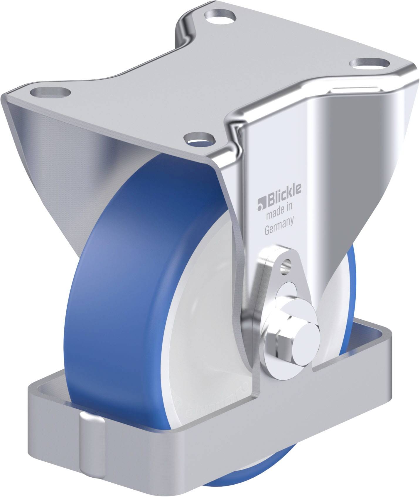 Schwenkrolle mit blauer Kunststoffbereifung und Metallhalterung, hergestellt in Deutschland. Ideal für Lastentransportwagen.