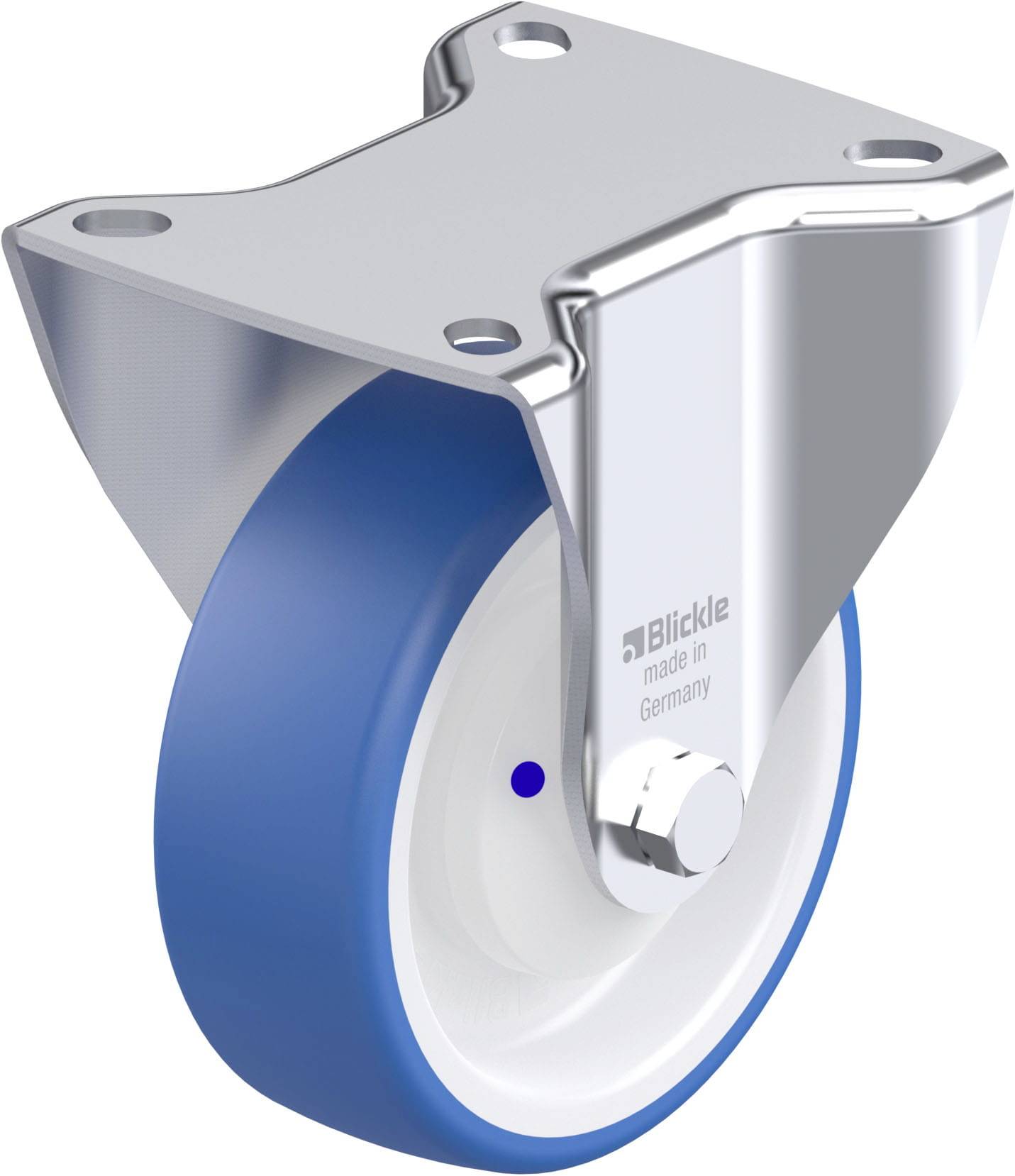 Metallrahmen mit einer blauen Rolle, vermutlich ein Lenkrollenrad von Blickle, 'made in Germany' auf dem Metall eingraviert.