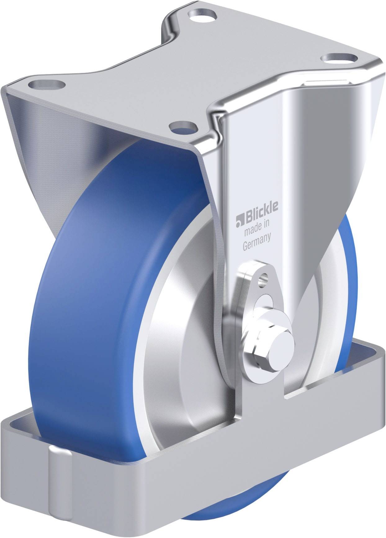 'Fahrwerkeinsatz' mit blauem Rad und silbernem Metallgehäuse, hergestellt in Deutschland, von der Marke Blickle.