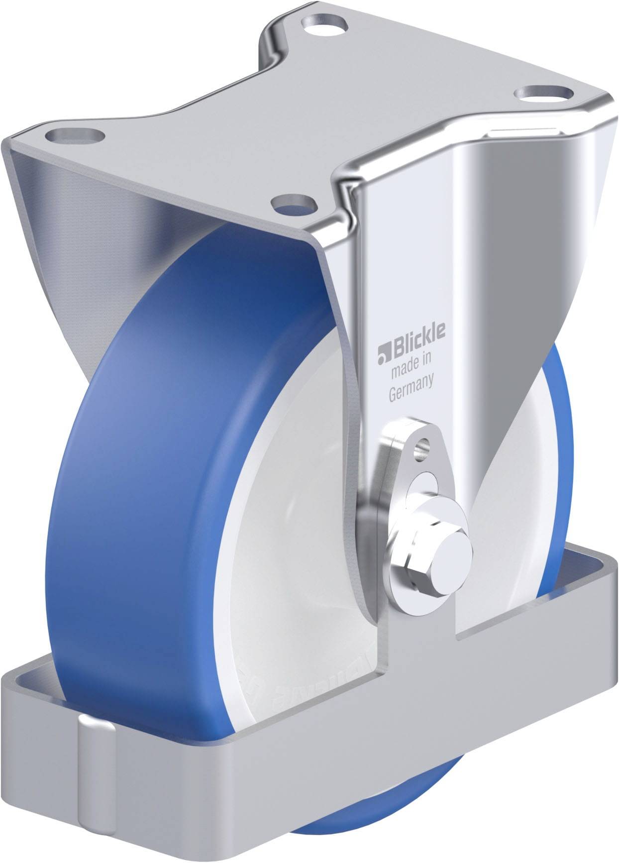 Blaues Rad aus Gummi in einem silbernen Halter, hergestellt in Deutschland von der Marke Blickle, für Möbel oder industrielle Nutzung.