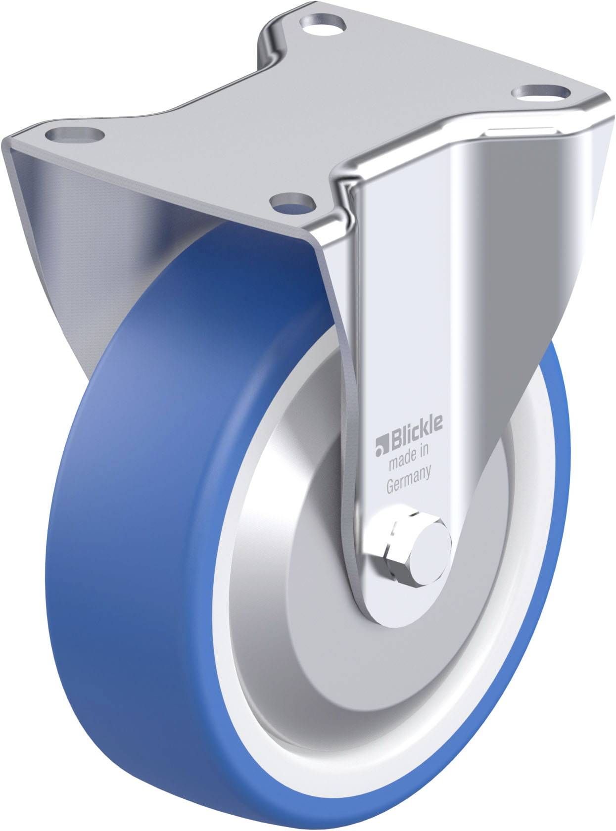 Industrie-Lenkrolle aus Metall mit blauer Gummibeschichtung und silbernem Gehäuse, ideal für Lastenbewegung auf glatten Oberflächen.