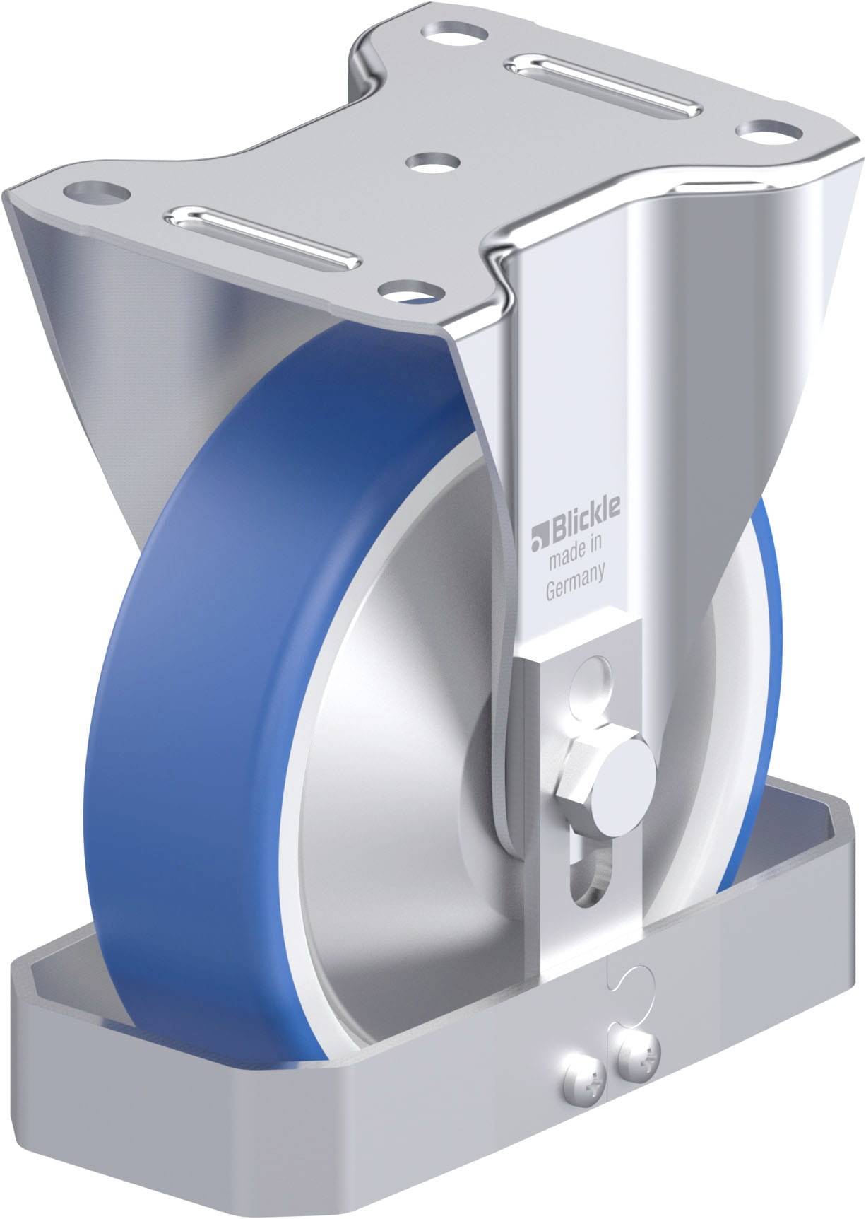 Ein robustes Lenkrollen-Bauteil aus Metall mit blauem Rad und Befestigungsplatte, hergestellt in Deutschland.