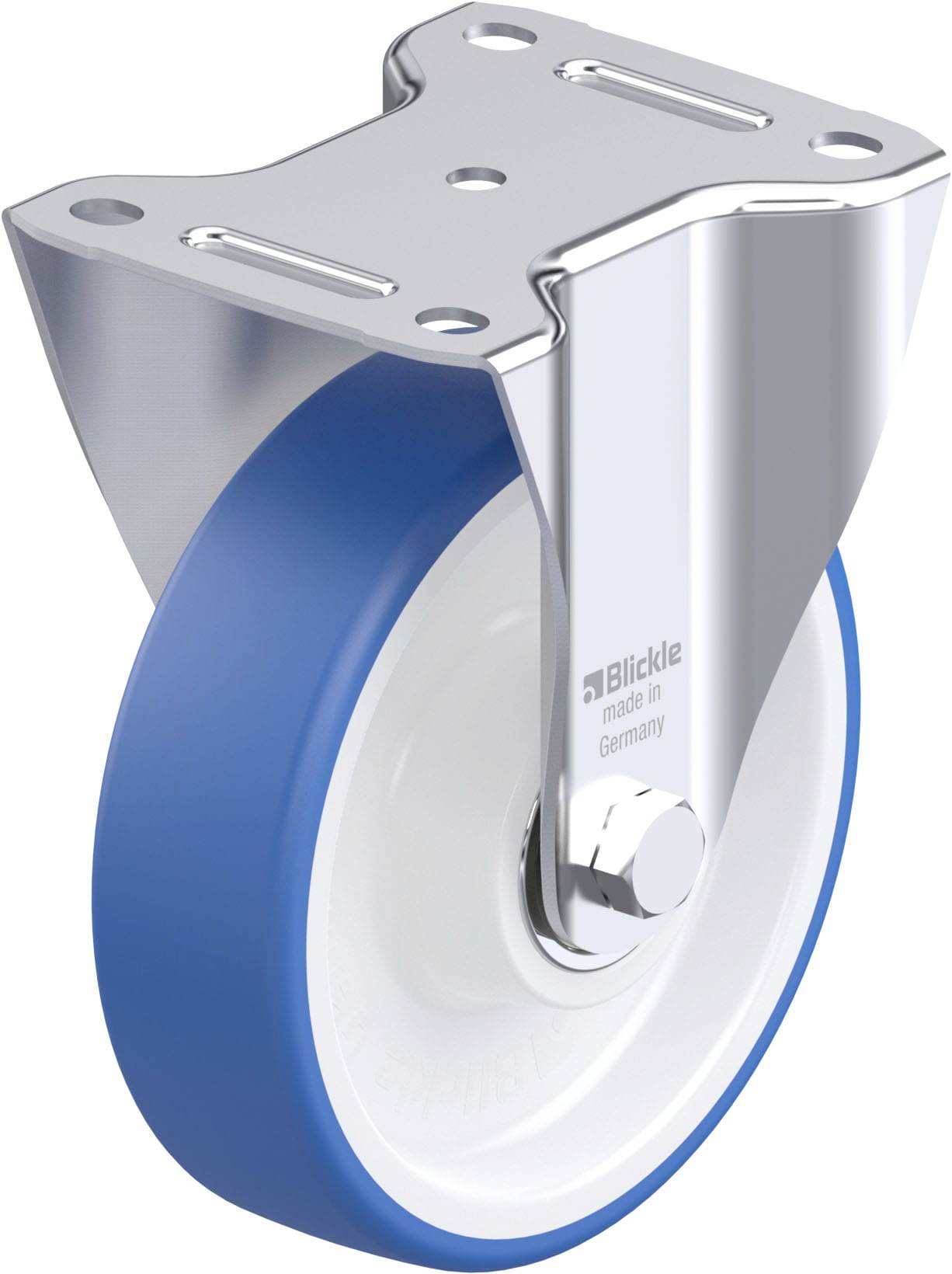 Metall-Rollenhalterung mit blau-weißem Gummirollenrad, geeignet für Lastentransport.