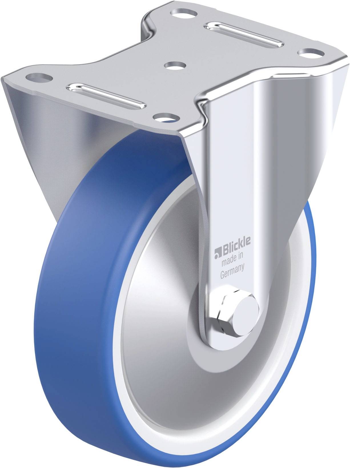 Industrie-Lenkrolle mit blauer Gummibereifung, silbernem Metallgehäuse und Befestigungsplatte. Aufschrift: 'Blickle made in Germany'.