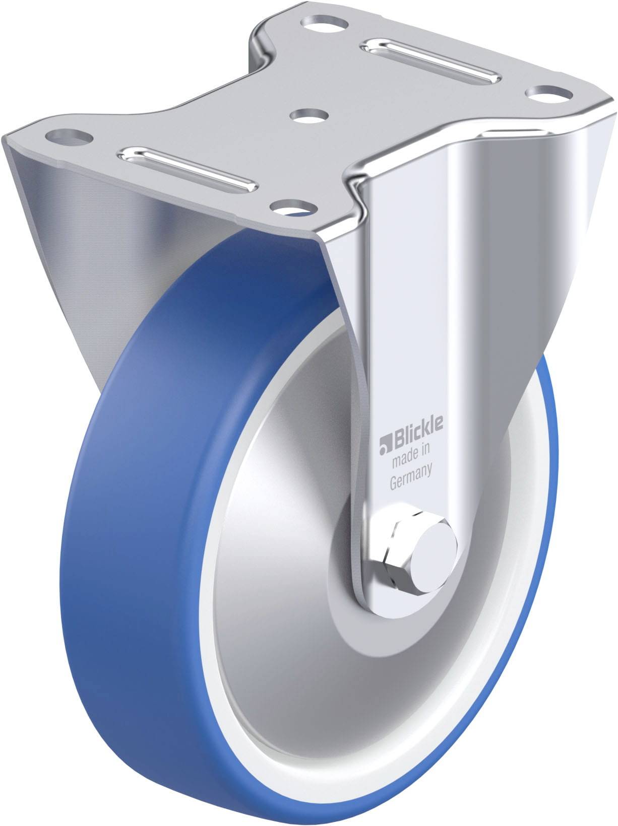 Blaues Rad mit weißer Lauffläche, montiert an einer silbernen Halterung. Aufschrift 'Blickle made in Germany' auf der Halterung.