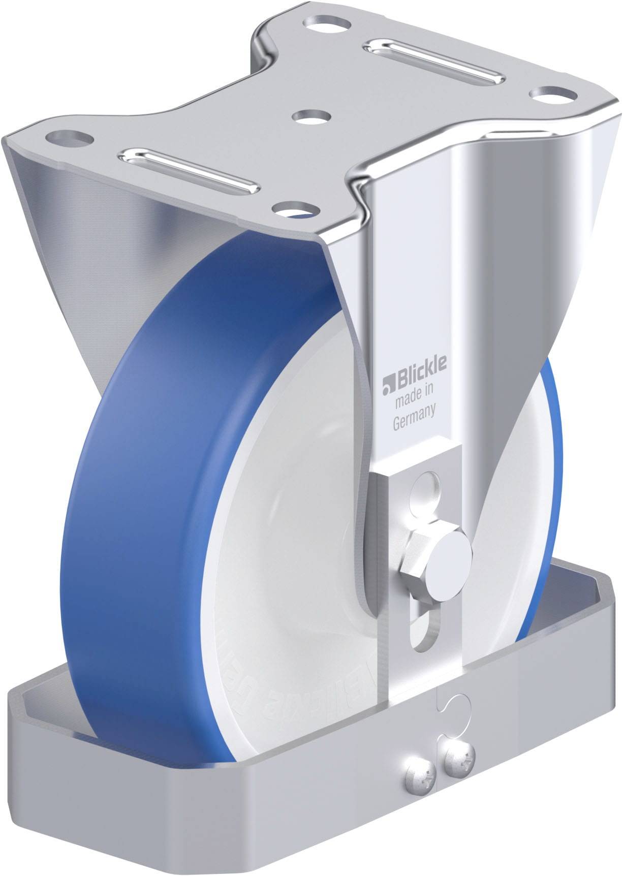 Schwenkrolle aus Metall mit blauer Gummilauffläche, geeignet für schwere Lasten. Hergestellt in Deutschland.