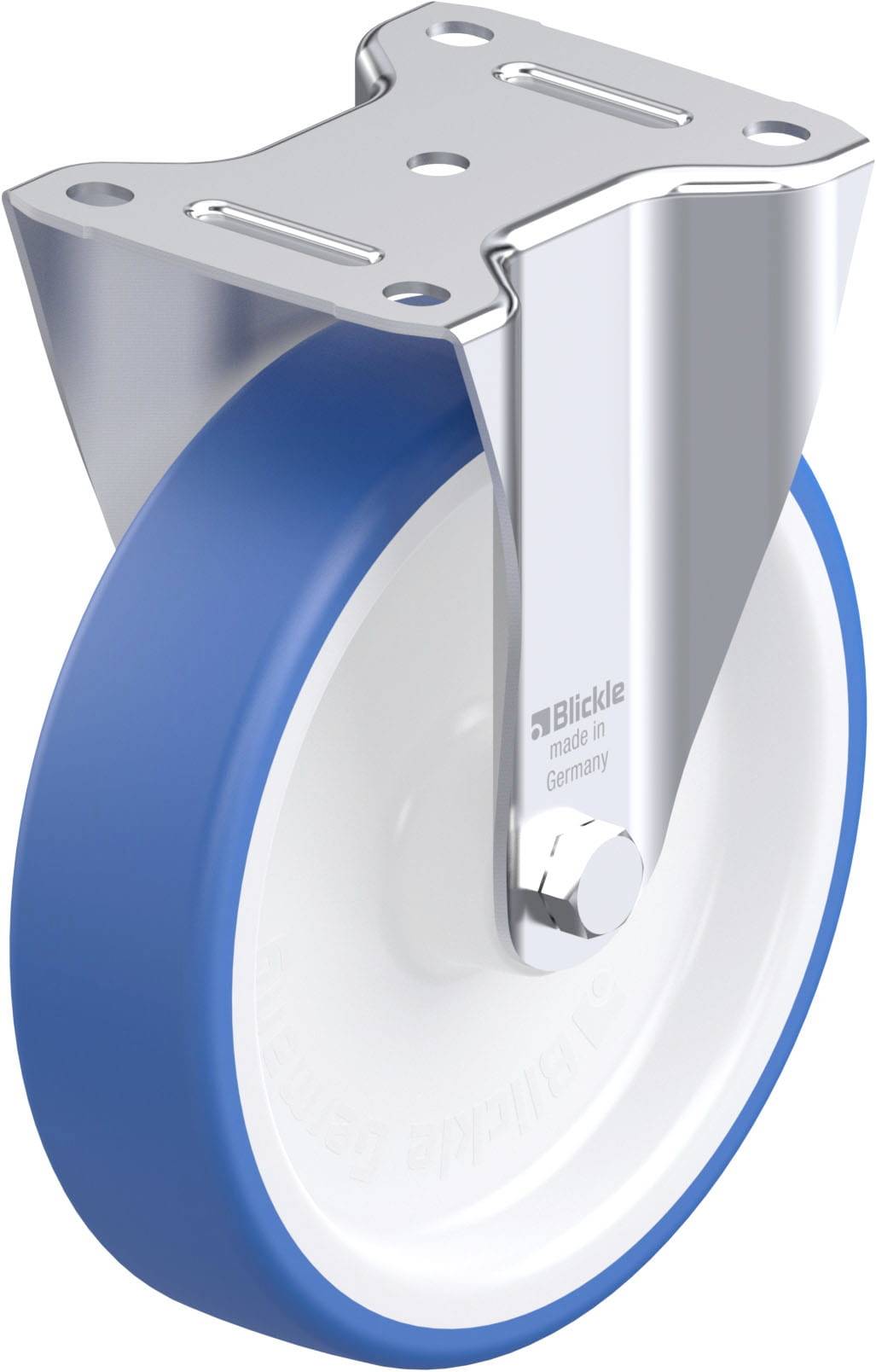 Metallrahmen und blau-weiße Rolle eines Apparaterades, auf der Seite 'Blickle made in Germany' markiert.