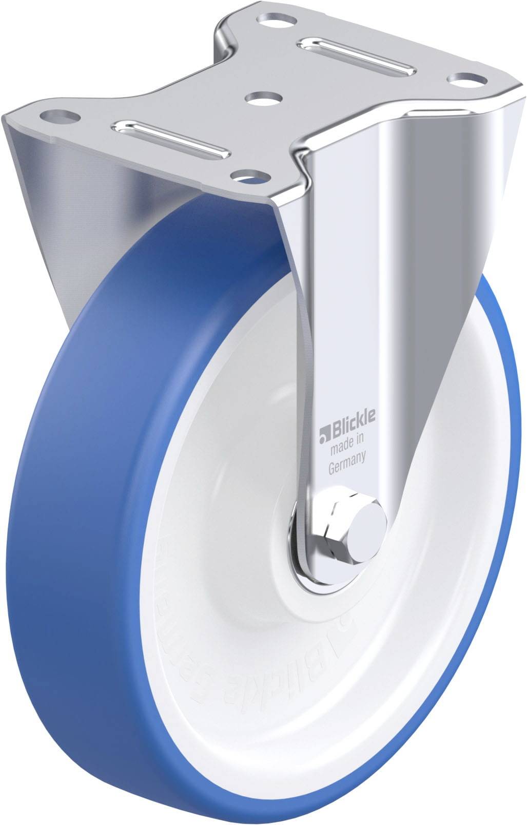 Blau-weiße Lenkrolle mit Metallgehäuse, geeignet für Transportgeräte. Die Rolle hat eine glatte Oberfläche und ist robust gebaut.