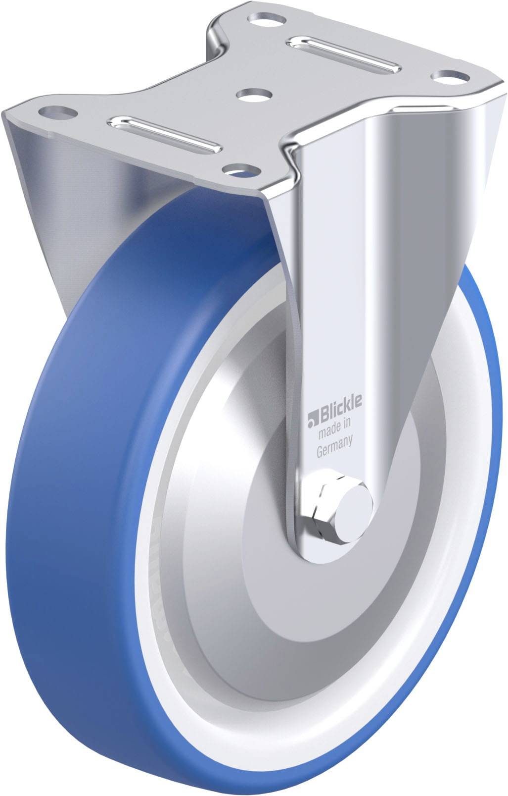 Industrie-Rolle mit blauem Reifen und silbernem Gehäuse, hergestellt von Blickle in Deutschland. Geeignet für robuste Anwendungen.