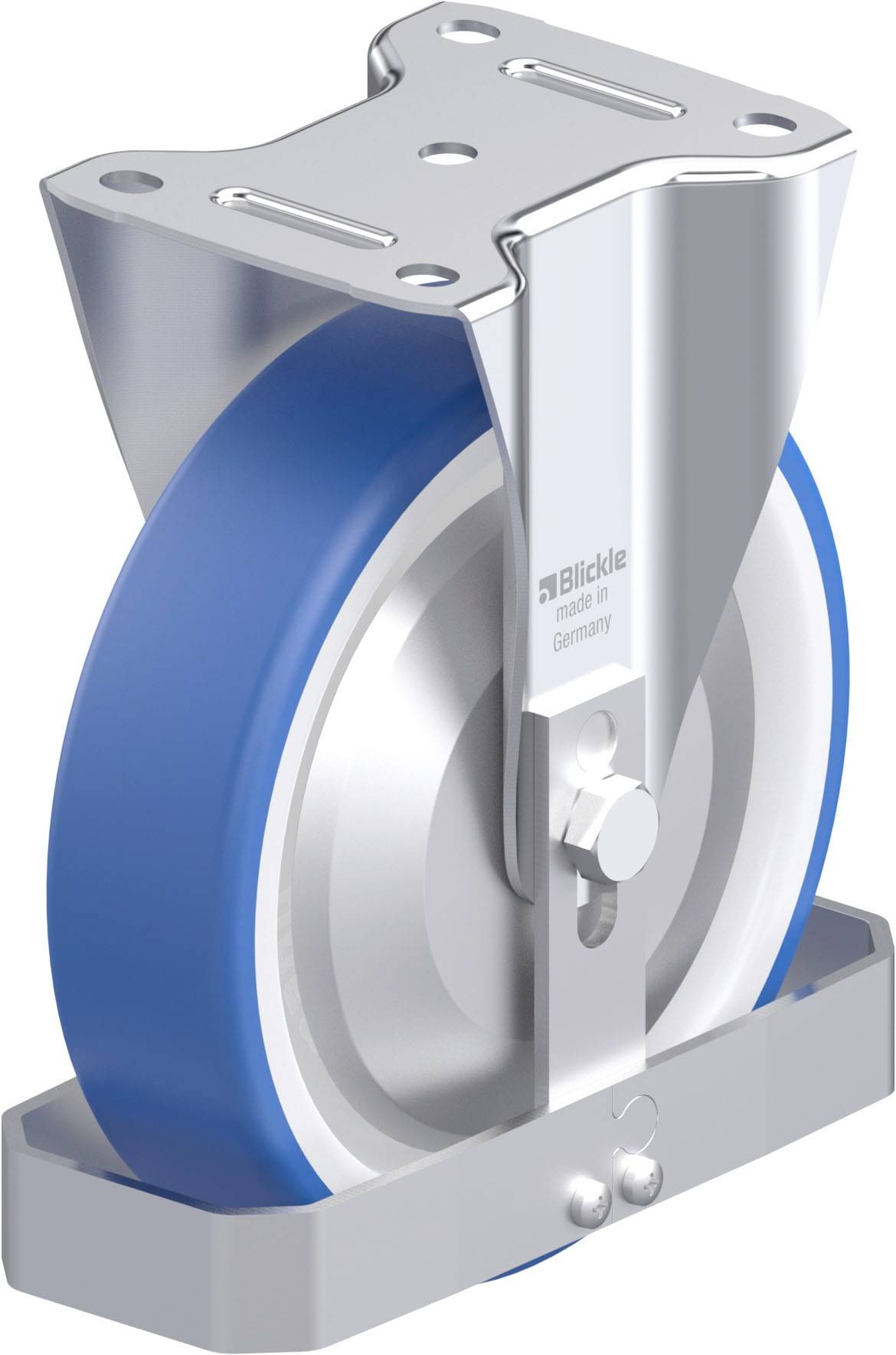 Industrie-Rolle mit blauem Rad und silberner Halterung; Markenname 'Blickle' gut sichtbar. Robust und geeignet für schwere Lasten.