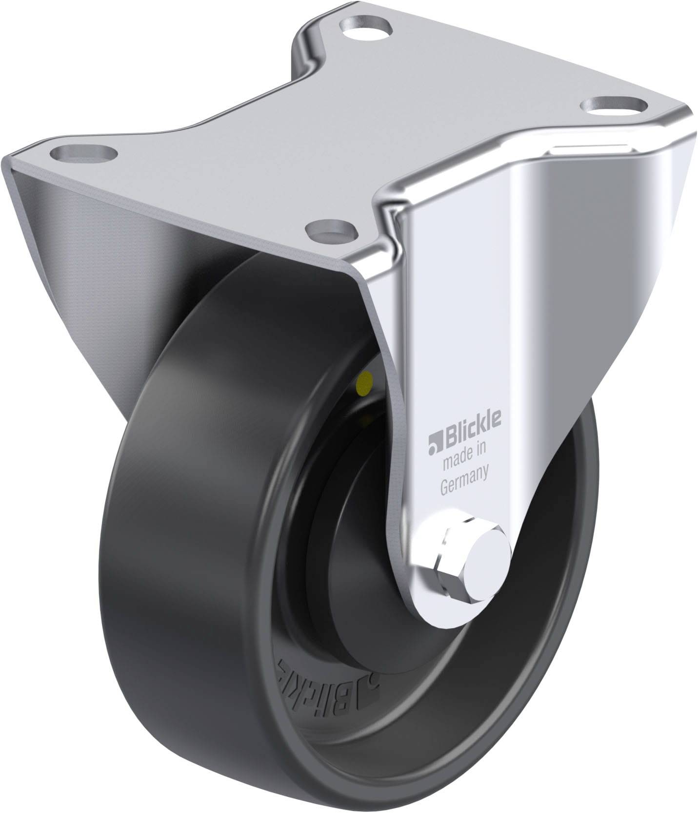 Schwenkrolle aus Metall mit schwarzem Rad, geeignet für Möbel oder Geräte. Gravur zeigt 'Blickle made in Germany'.