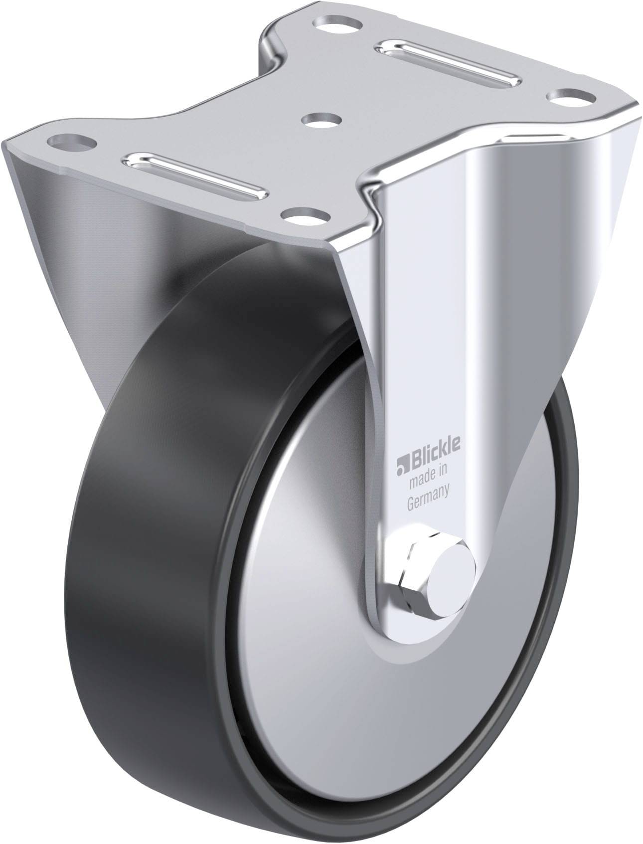 Schwerlastrolle aus Metall mit schwarzem Gummirad. Die Halterung ist silbern und trägt die Aufschrift 'Blickle made in Germany'.