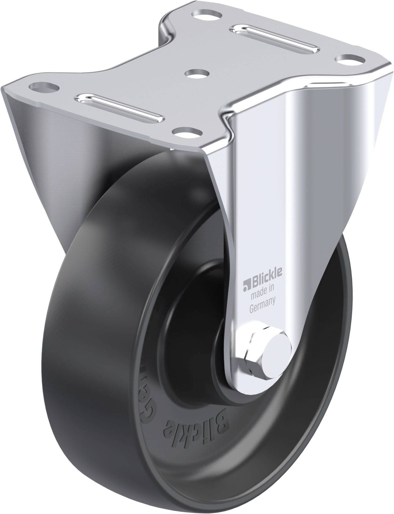 Ein schwarzes Laufrollenrad mit silberner Halterung. Auf der Halterung steht 'Blickle made in Germany'. Geeignet für Möbel oder Geräte.