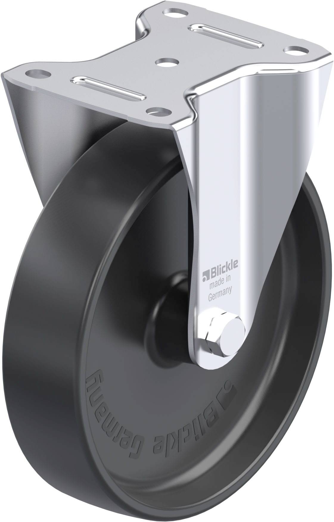 Schwerlastrolle mit schwarzem Rad und silberner Halterung. 'Blickle made in Germany' ist auf der Halterung eingraviert.