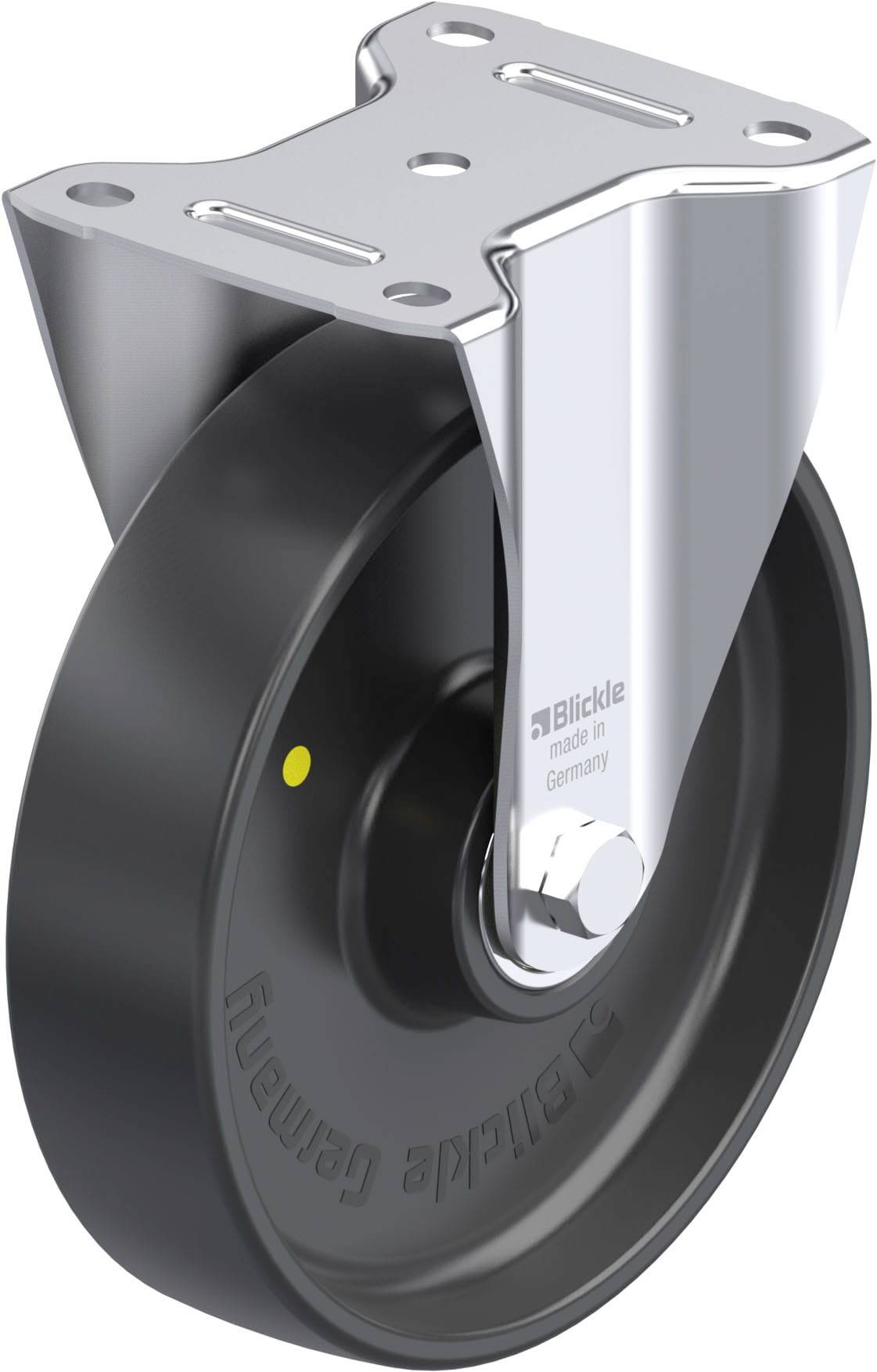 Schwenkrolle mit schwarzem Rad und silbernem Halterungselement, Markenname 