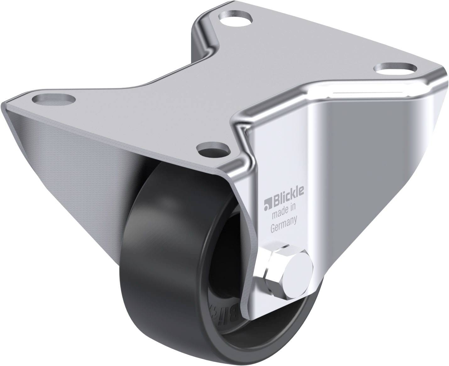 Rollenlager aus Metall mit schwarzem Rad, geeignet für schwere Lasten, Aufschrift 'Blickle made in Germany'.