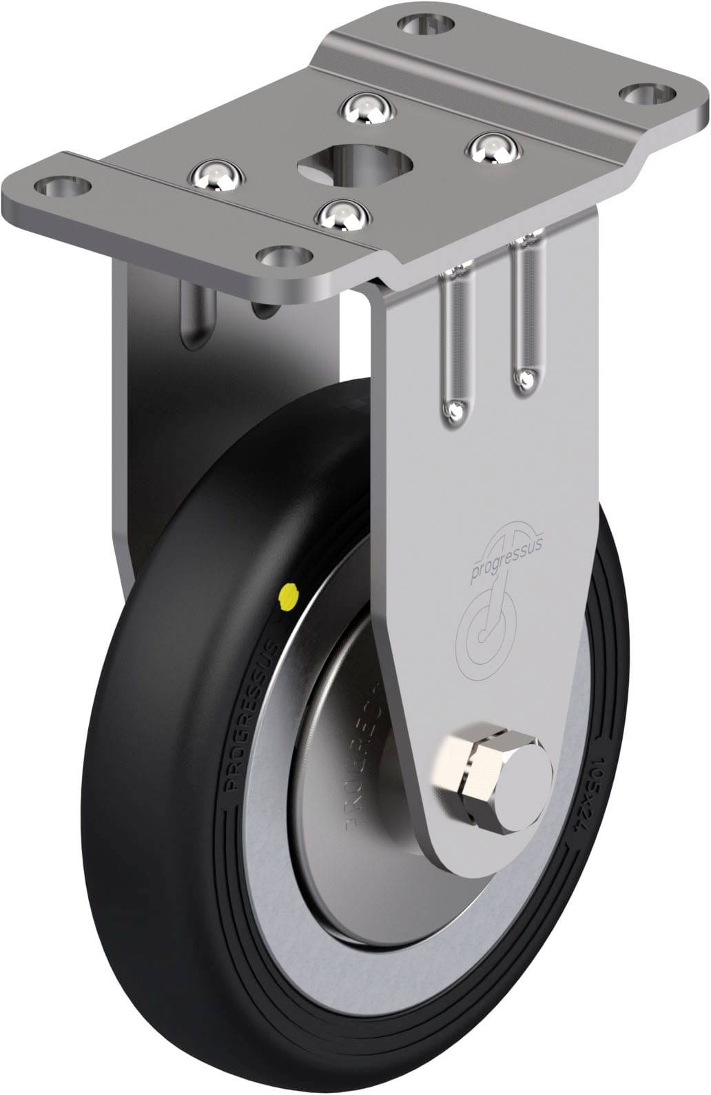 Industrielle Lenkrolle aus Metall und Gummi, silberfarbenes Gehäuse, schwarze Radfläche. Ideal für schwere Lasten auf glatten Böden.
