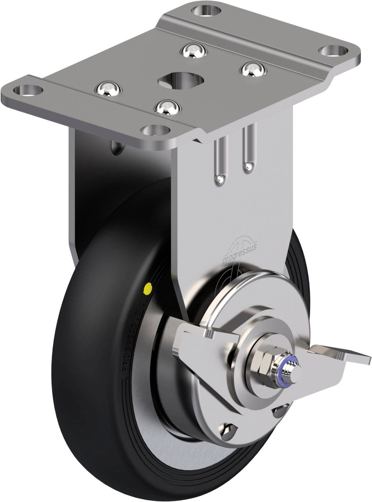 Industrie-Lenkrolle aus Metall mit schwarzem Reifen, montierbar an Flächen, geeignet für Schwerlastanwendungen.