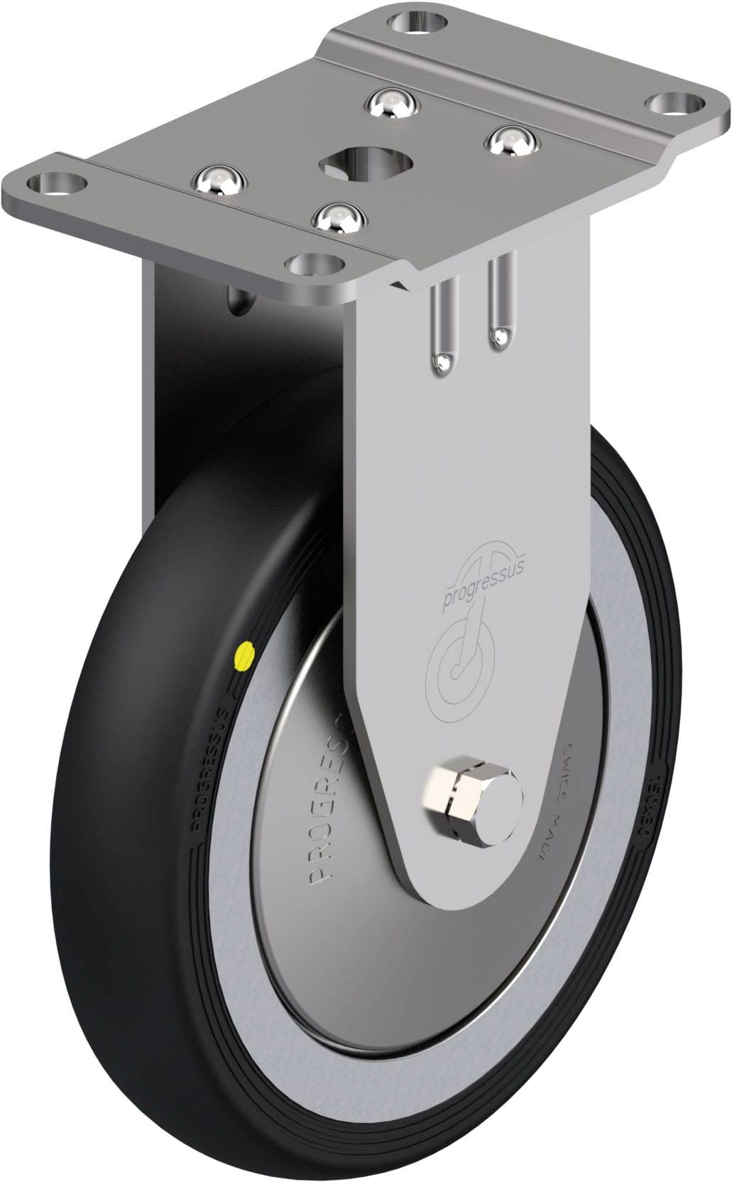 Industrielles Laufrollenrad aus Metall und Gummi mit Befestigungsplatte, geeignet für schwere Lasten in Maschinenbauanwendungen.