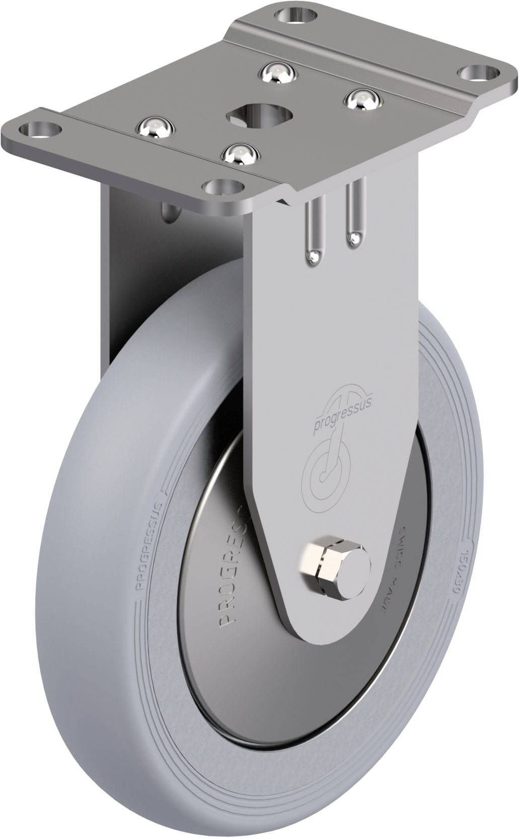 Graues Schwenkrad aus Metall und Kunststoff, mit Befestigungsplatte und Schraubenlöchern, für industrielle Anwendungen geeignet.