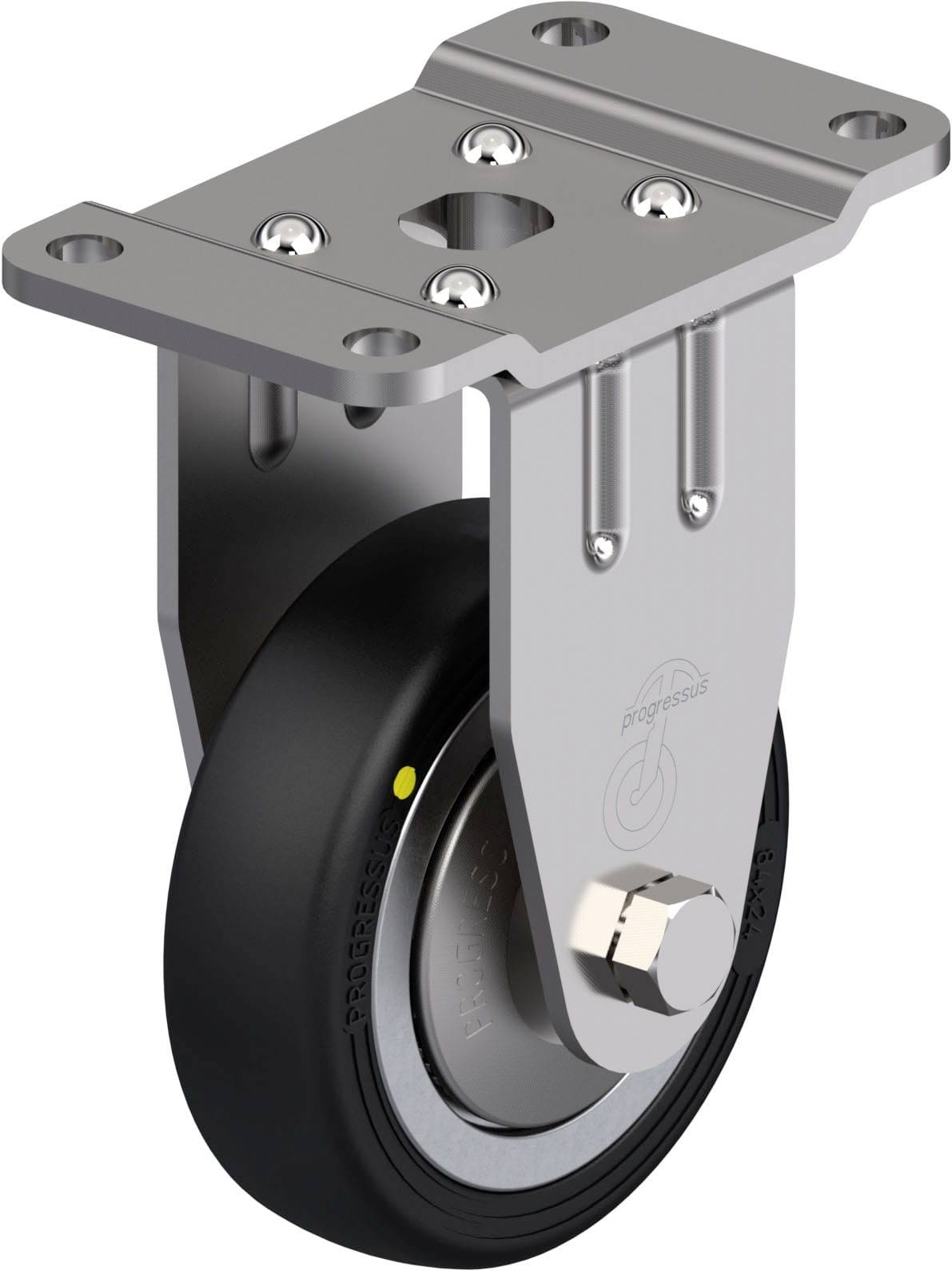 Industrie-Lenkrolle aus Metall mit schwarzem Rad und Befestigungsplatte. Ideal für Transportgerätschaften und schwere Maschinen.