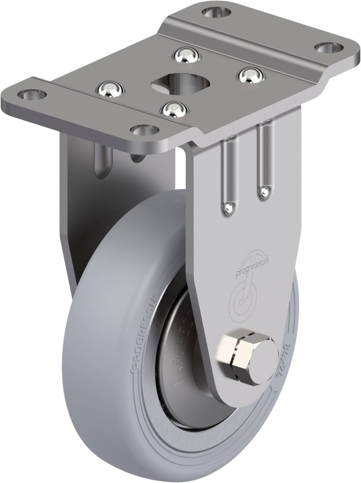 Metallrolle mit grauem Gummi-Rad und Metallhalterung. Eignet sich für industrielle Anwendungen wie Wagen oder Maschinen.