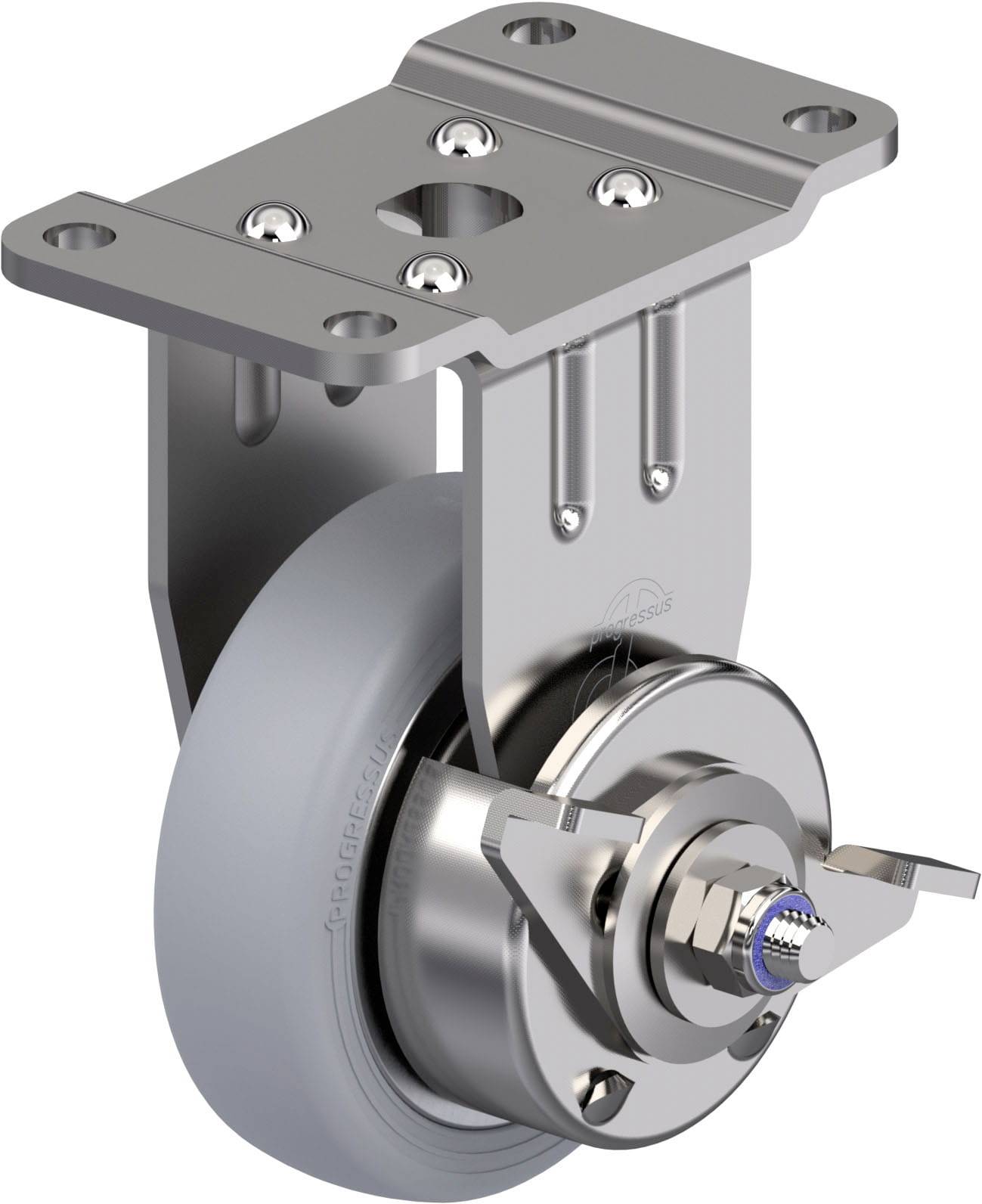 Industrie-Rollenrad aus Metall mit grauer Gummirolle und Befestigungsplatte, für schwere Lasten geeignet.
