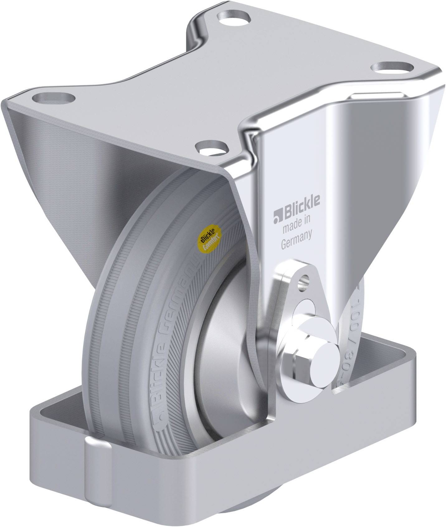 Ein silbernes Schwerlast-Lenkrollenrad aus Metall, gefertigt in Deutschland, mit rechteckiger Befestigungsplatte.