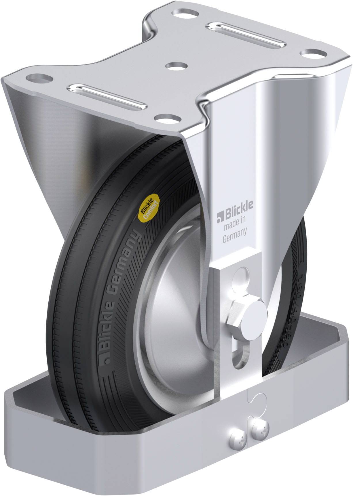 Industrie-Rolle aus Metall mit schwarzem Reifen und Markenlogo. Hergestellt in Deutschland.