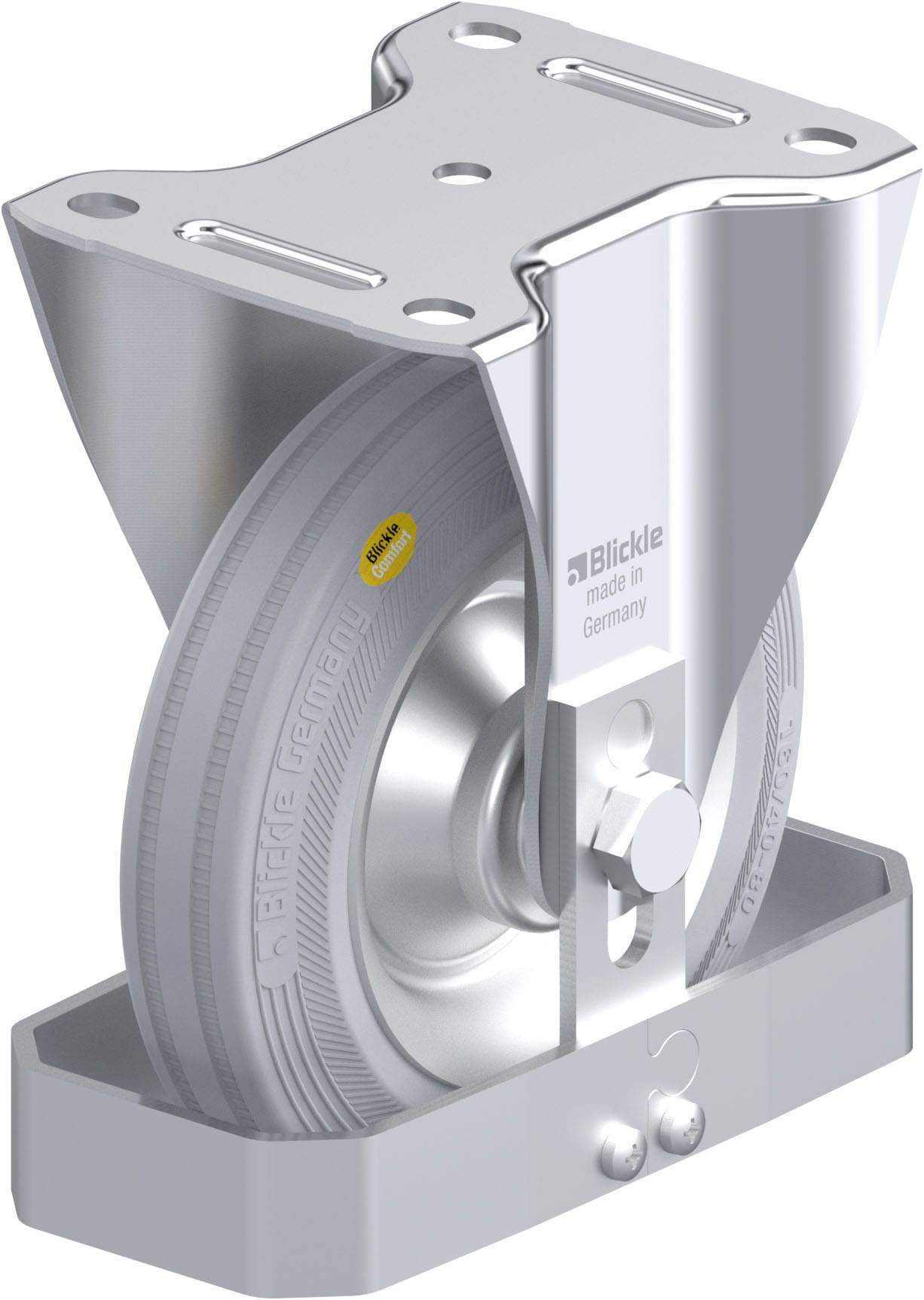 Industrie-Rolle aus Metall mit grauem Rad und rechteckiger Halterung. Aufschrift 'made in Germany' sichtbar.