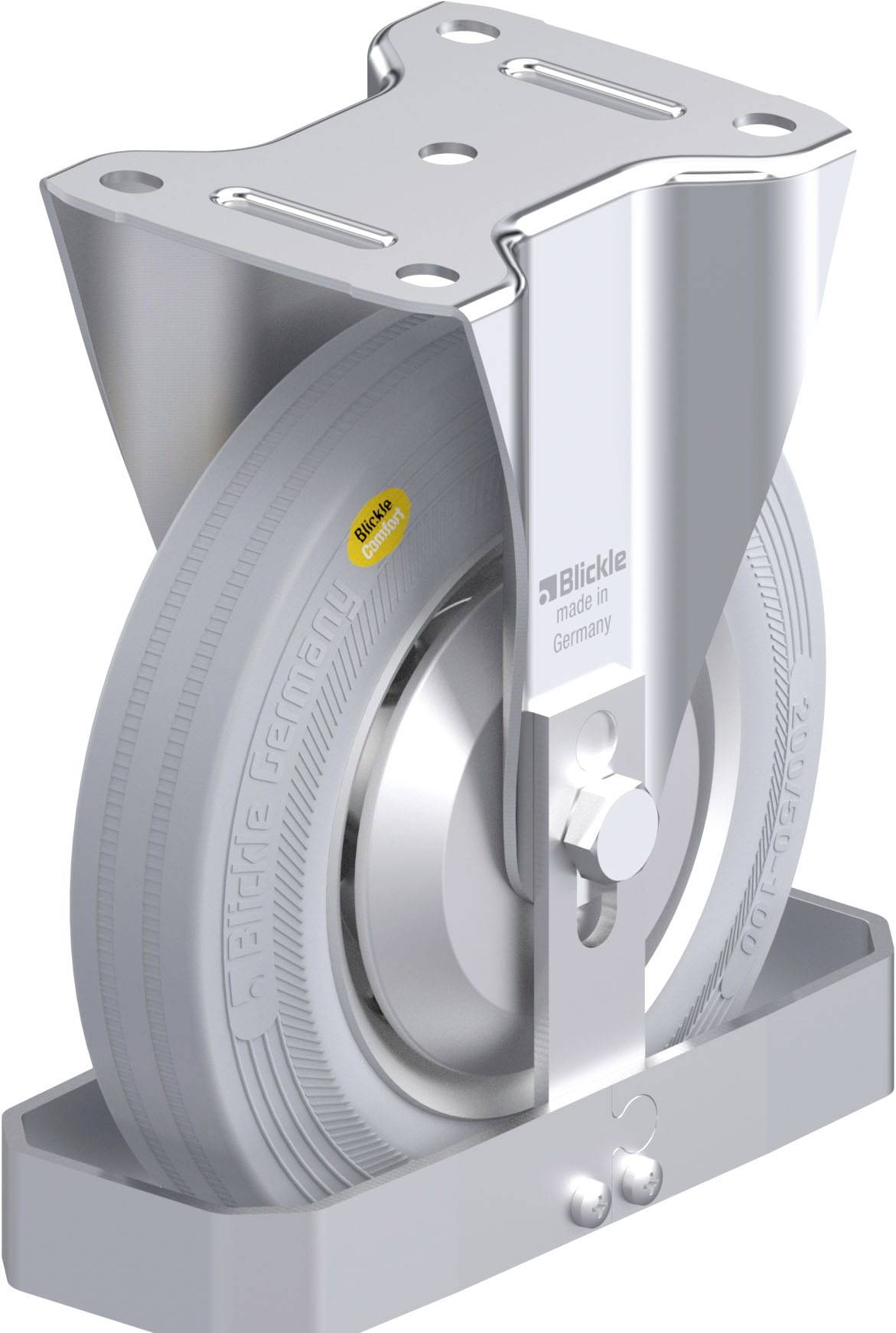 Industrie-Lenkrolle aus Metall mit grauem Rad, geeignet für schwere Lasten. Deutlich sichtbares Logo der Marke auf der Halterung.