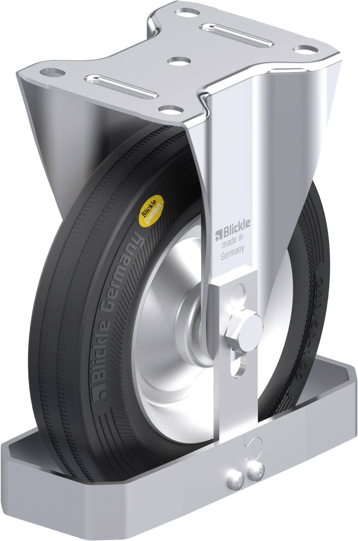 Industrie-Lenkrolle aus Metall mit schwarzem Rad, montiert in einem stabilen Gehäuse. Aufschrift 'Blickle Germany' auf dem Rad.