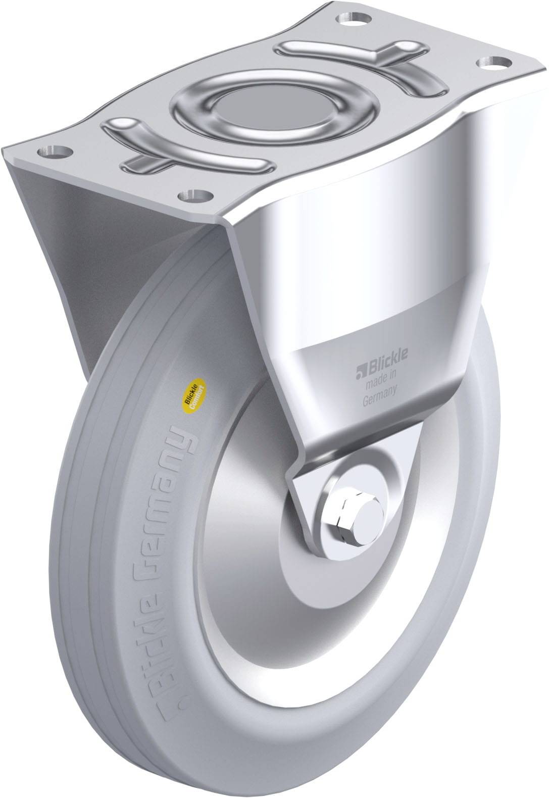 Schwenkrolle aus Metall mit grauem Rad. Oberer Teil enthält eine Montageplatte mit vier Schraubenlöchern. Geeignet für Industrieanwendungen.