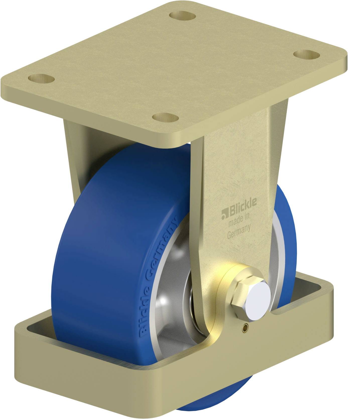 Industrie-Schwenkrolle mit blauem Rad und rechteckiger Montageplatte, gefertigt aus robustem Metall für schwere Lasten.