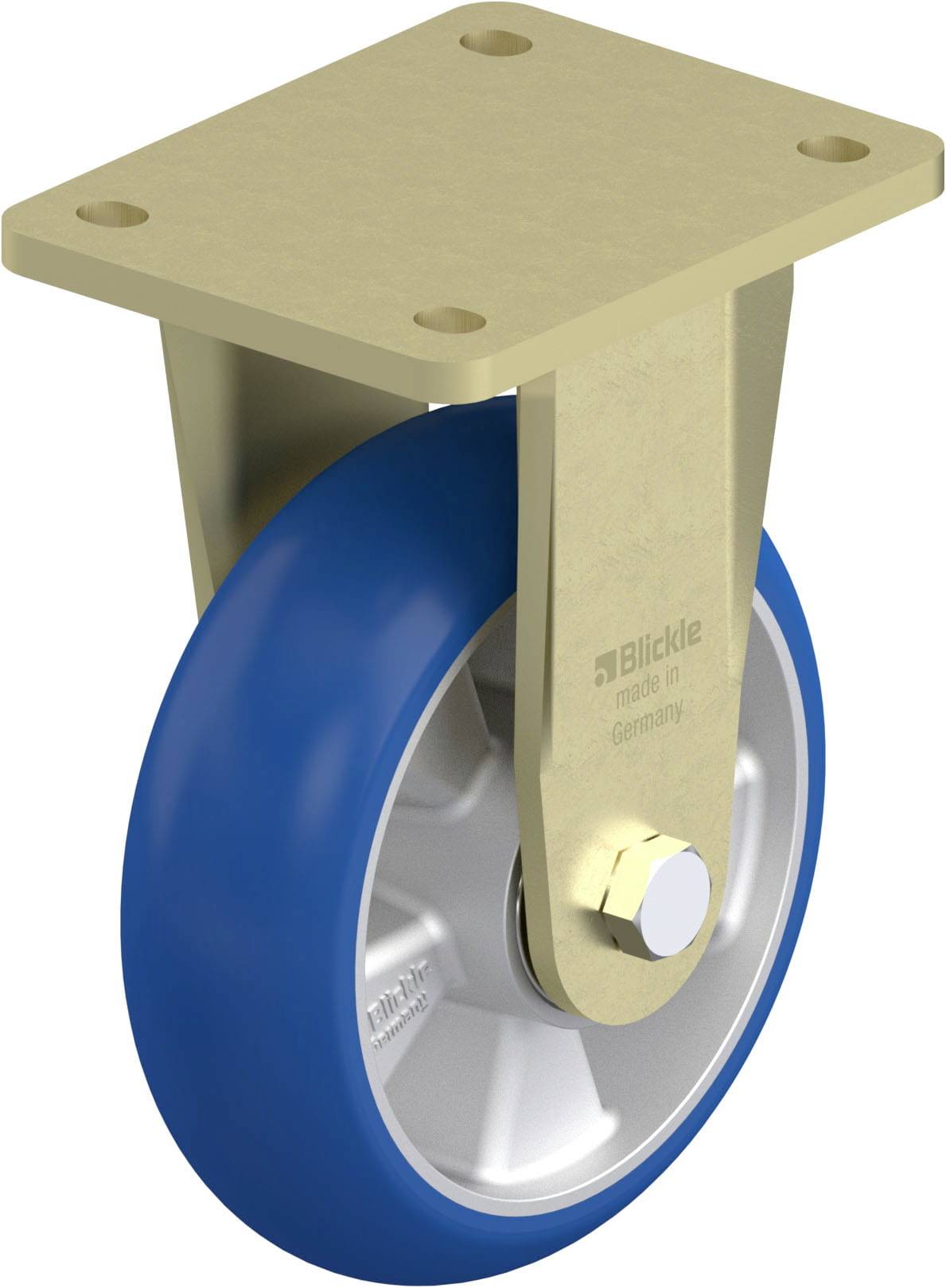 Rolle mit blauem Rad und Metallschwenkplatte, geeignet für Möbel oder Geräte. Hergestellt von Blickle, in Deutschland.
