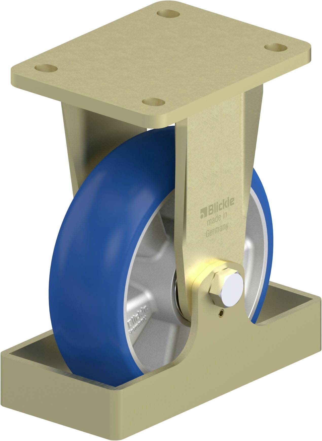 Ein blauer Industrierollen mit rechteckiger Metallplatte und Halterung, geeignet für schwere Lasten und Anwendungen in der Industrie.