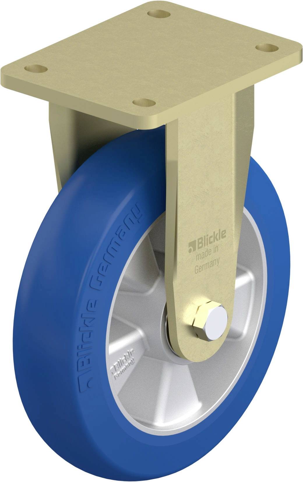 Runde Apparaterolle mit blauem Gummirad und einer goldfarbenen Halterung zur Befestigung an einem Gerät oder Möbelstück.