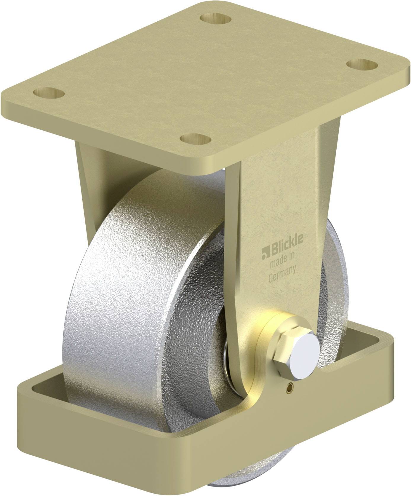 Metall-Rollenhalterung mit festem Rad und Befestigungsplatte, designed für industrielle Anwendungen.