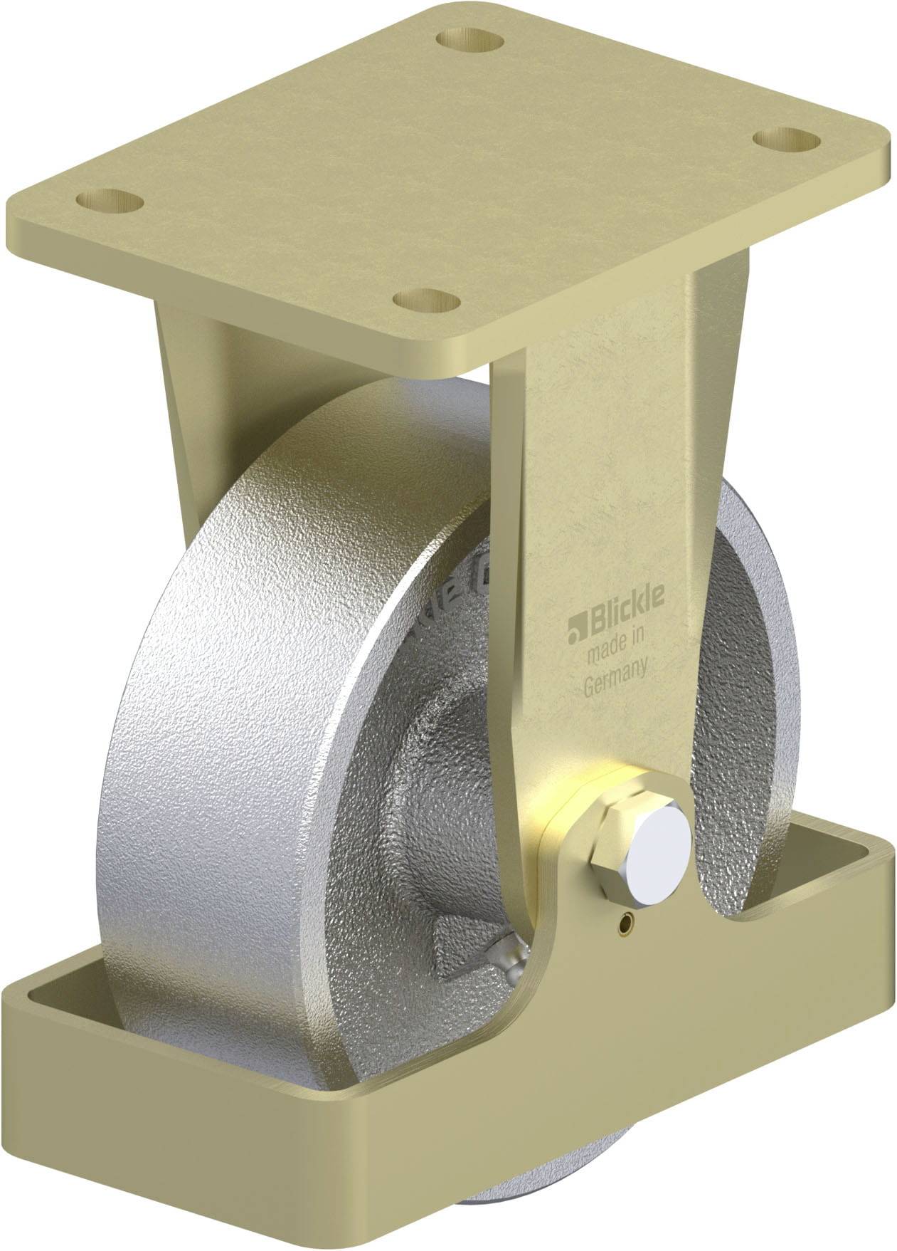 Schwerlastrolle mit rechteckiger Metallplatte, geeignet für industrielle Anwendungen. Silbernes Rad, goldfarbene Halterung.