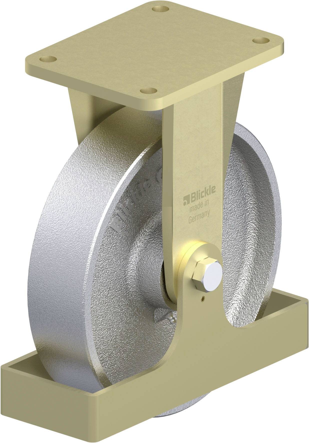 Industrie-Rollenrad aus Metall mit quadratischer Befestigungsplatte und glatter Lauffläche, geeignet für schwere Lasten.