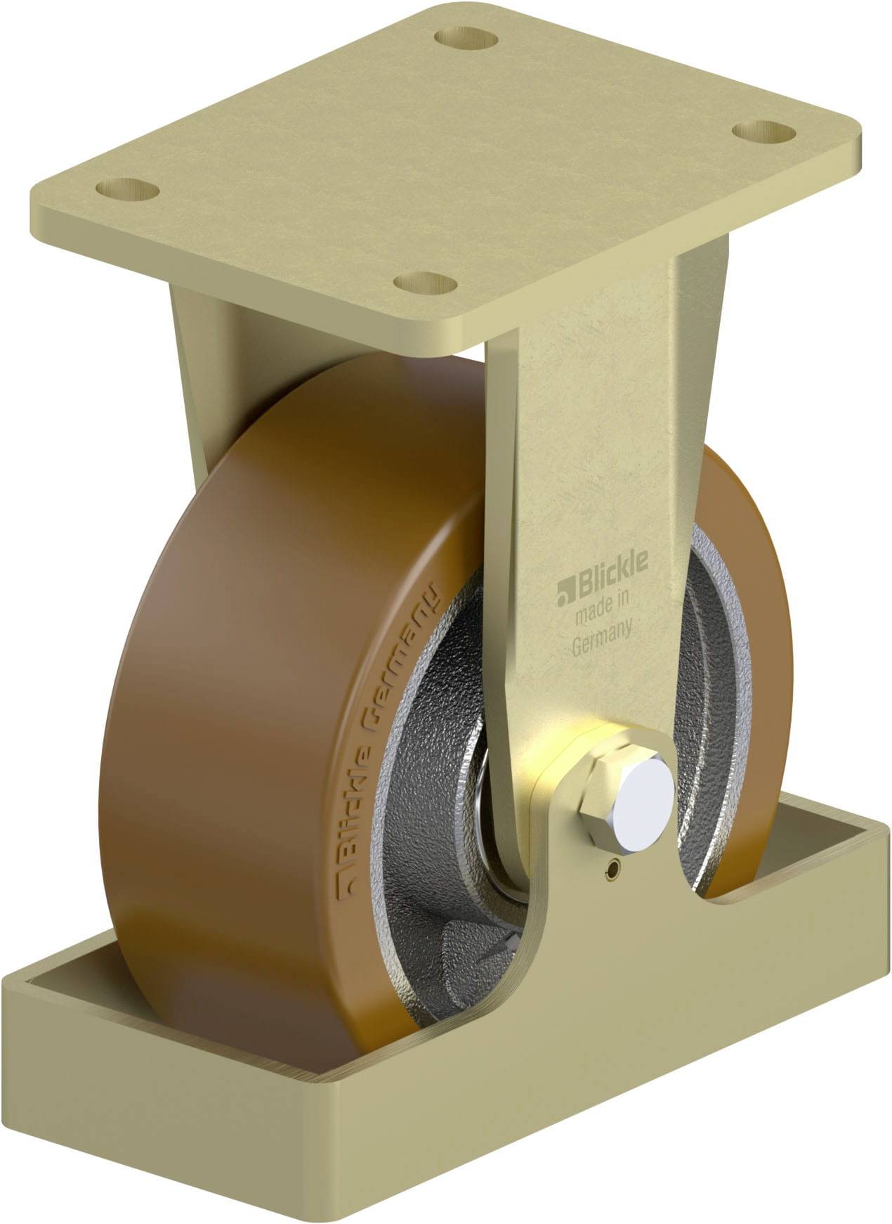 Rollenlager aus Metall mit brauner Radfläche und rechteckiger Platte, geeignet für schwere Lasten in industriellen Anwendungen.