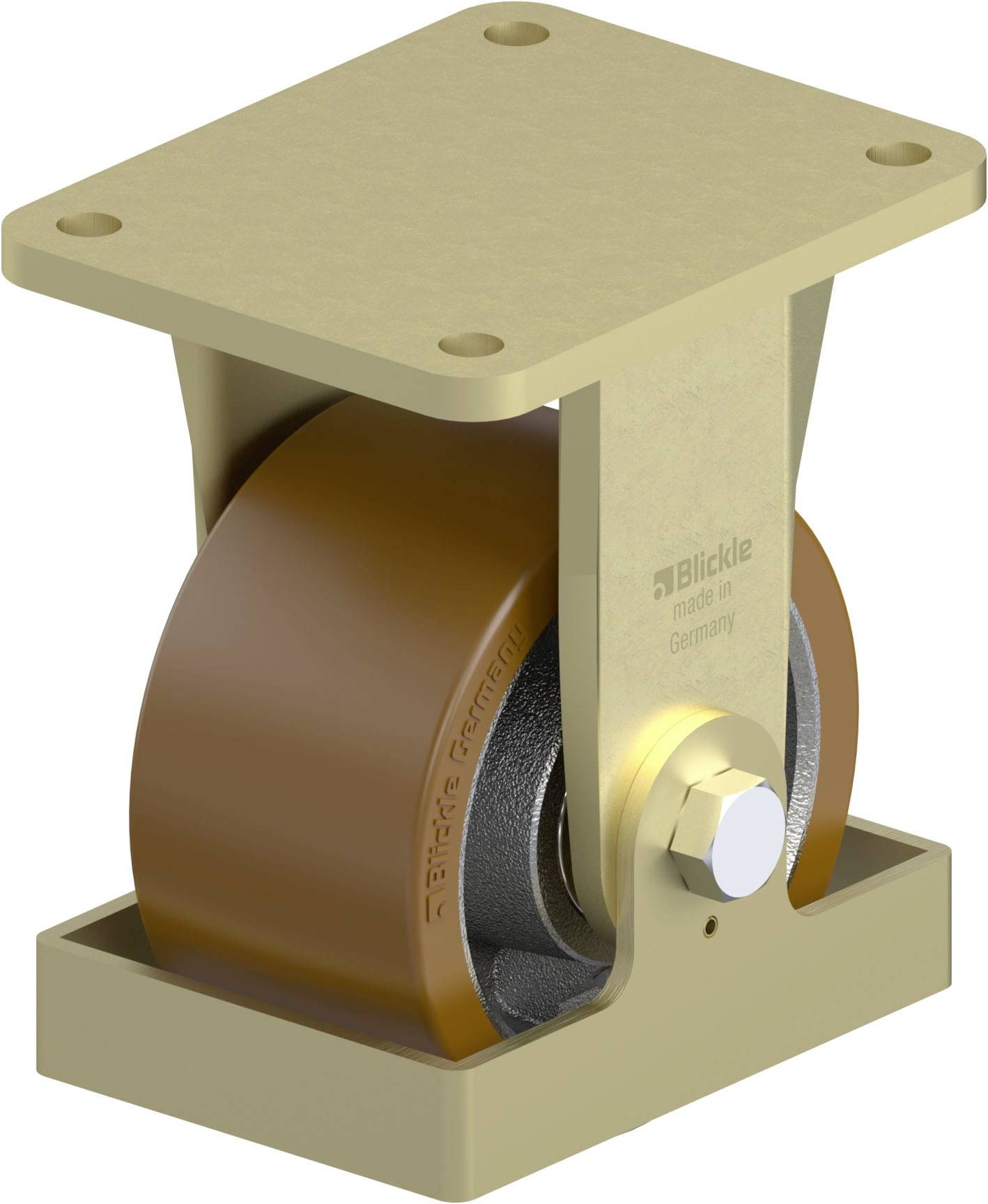 Ein goldfarbenes Schwerlast-Rad aus Metall und Kunststoff, stabil konstruiert für industrielle Anwendungen, auf einer quadratischen Basis.